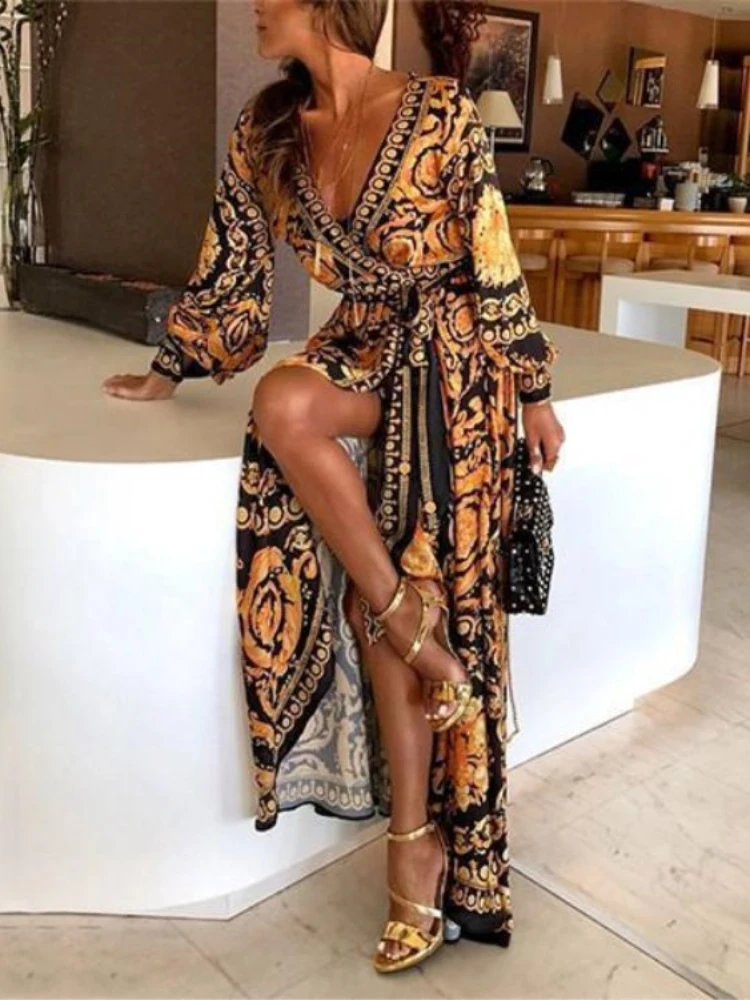 

Womens Dresses Elegant Pretty Printed V-neck Long Sleeved Chinese Style Tie Up Vestido Party Dress Dresses on Offer Liquidation