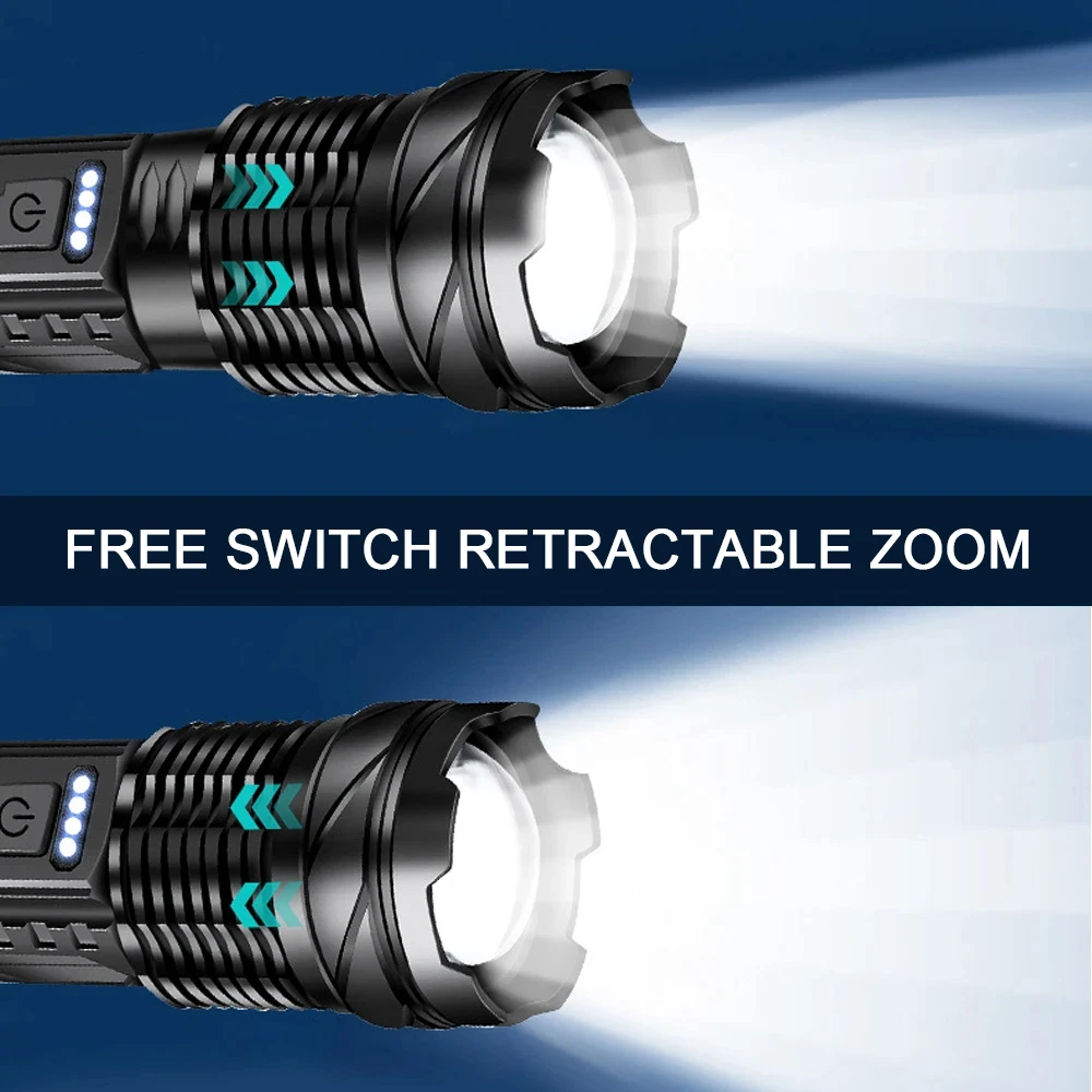 강력한 야외 LED 손전등 방수 18650 토치, 측면 조명 포함, 캠핑 낚시 랜턴, USB 충전식 줌, 7 가지 모드