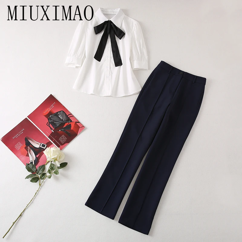 

MIUXIMAO 2022 High Quality Autumn&Winter Elegant Set Short Sleeve Lapel Bow Blouse + Pan Fashion Two Piece Set Women Vestide
