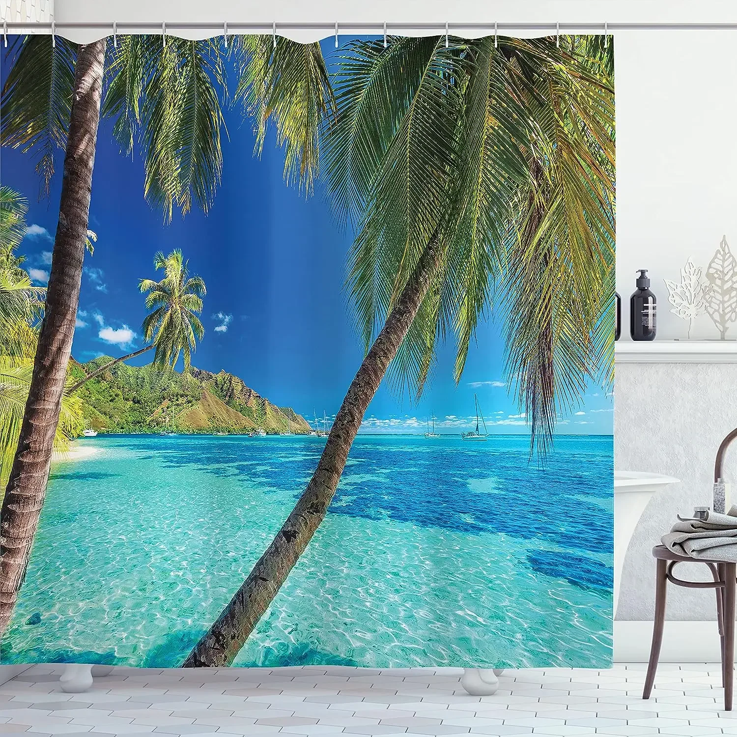 Cortina de ducha con diseño de océano, playa, palmeras tropicales, tortuga marina, gato, vela, flamencos, concha de coral, juego de cortina de ducha para decoración de baño