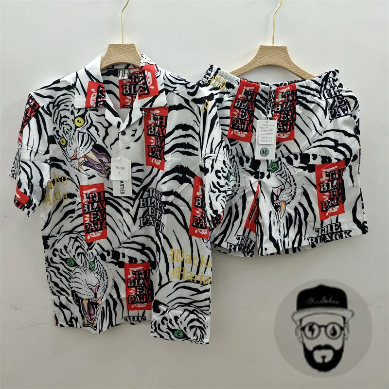 Free shipping white wacko maria flowing cloud tiger print summer casual loose Hawaiian shirt men's and women's set