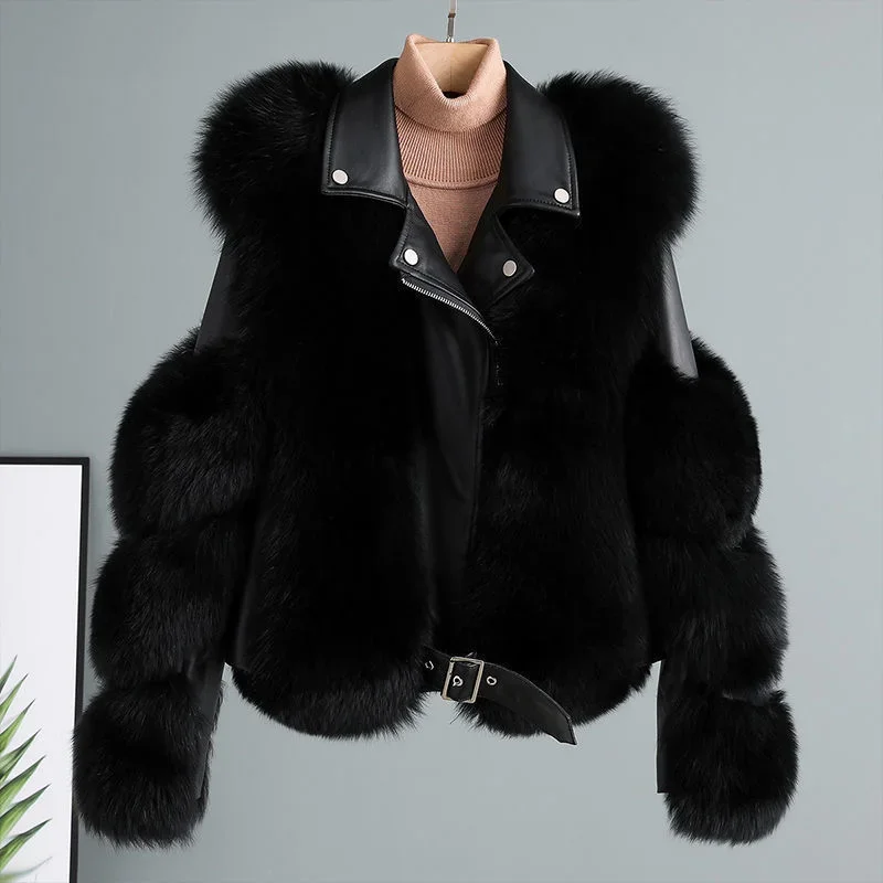 Fashionable warm short fox fur coat and sheepskin leather full fox fur motorcycle jacket luxury women's 2024 winter new