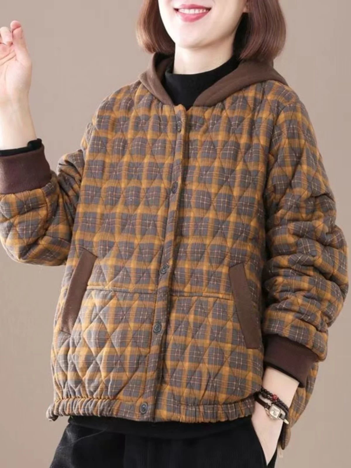 Autumn Winter Plaid Hooded Cotton Jaet Loose Fit Lightweight Warm Coat for Mom Casual Comfortable Long Sve Button up