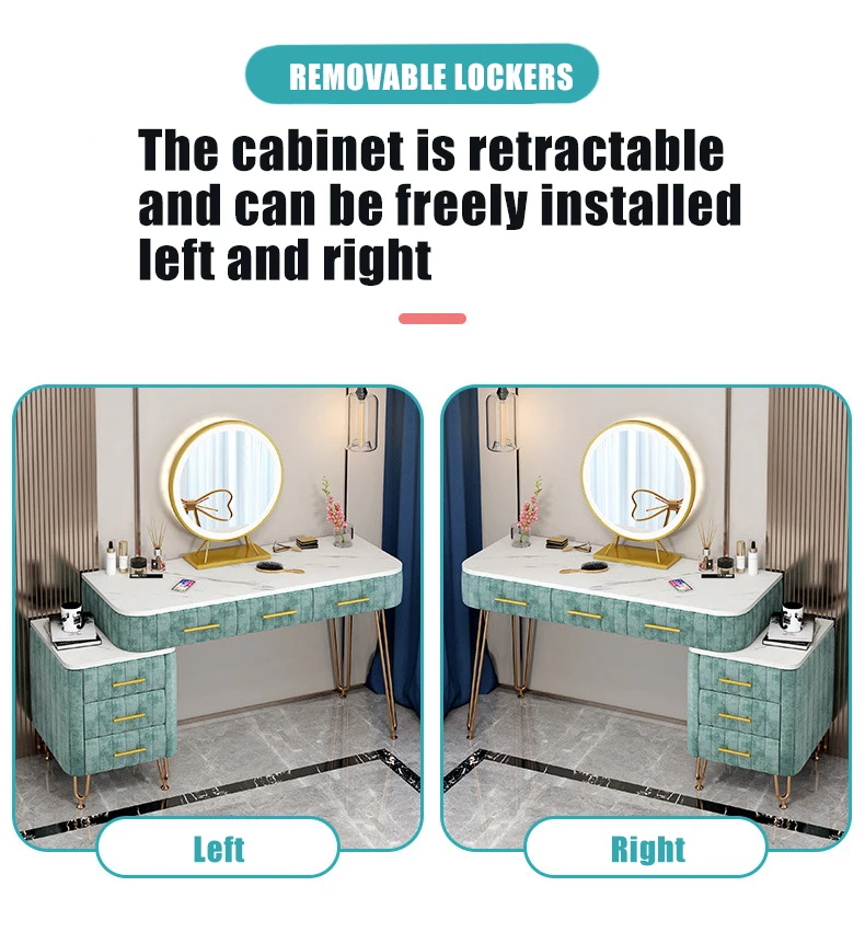 Description Picture 4 of itemLuxury Dressing Table With Mirror Vanity Makeup 4 Colors Artificial Marble Velvet Drawers For Mirrored Dresser Furniture Bedroom