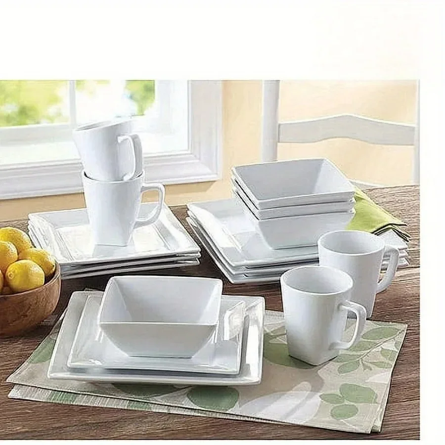 16-Piece Square Porcelain Dinnerware Set, Modern Tableware for 4-Settings & Contemporary Dining. 1