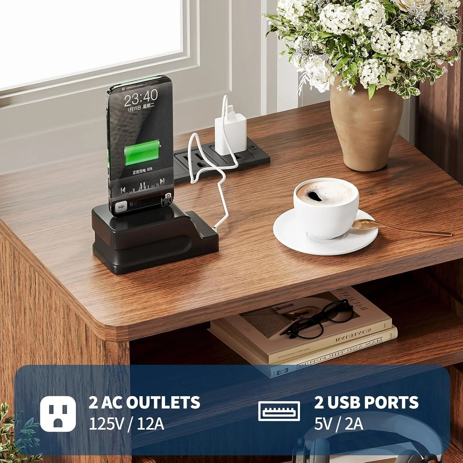 Walnut Nightstand with Drawer and Open Shelf USB Charging Station Bedside Table with AC Outlets Fluted Wood Side Table Storage Cabinet for Bedroom Living Room Sofa 5 Walnut Nightstand with Drawer and Open Shelf USB Charging Station Bedside Table with AC Outlets Fluted Wood Side Table Storage Cabinet for Bedroom Living Room Sofa 5