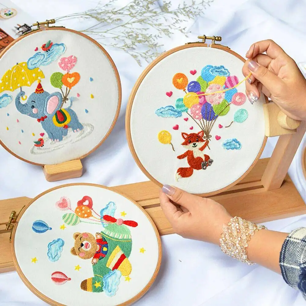4pcs Fox Cross Stitch Kits Panda Elephant Hot Air Balloon Embroidery Landscape Cotton Thread Sewing Wall Decoration