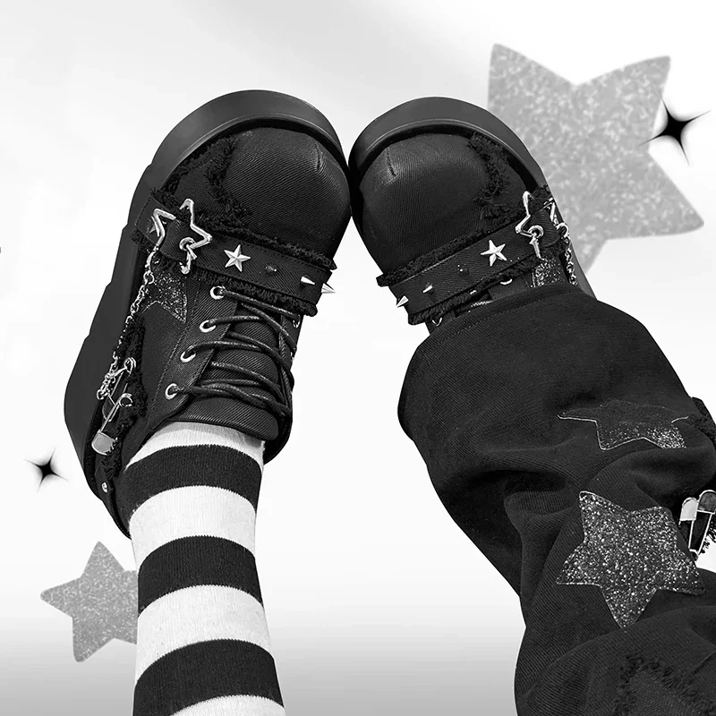 

Punk Metal Chain Chunky Platform Ankle Boots Women 2023 Winter Y2K Thick Bottom Demonia Boots Woman Black Gothic Lolita Shoes