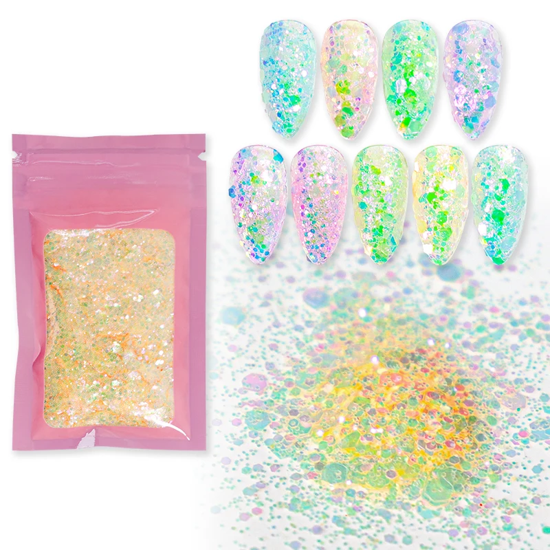 50g Iridescent Mixed Hexagon Laser Nail Glitter Sequins Chunky