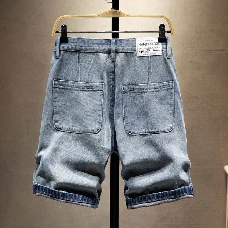 Big Pocket Digital Pasted Denim Shorts Men Summer Scraped Thread End Pure Cotton Slim Fit Fold Stitching Line Broken Hole Zipper