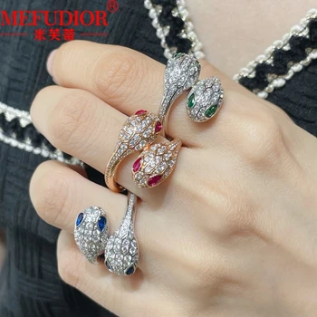 925 Sterling Silver Inlay Moissanite Diamonds Snake Head Ring for Women BlueGreen Eyes Animals Bands Luxury Jewelry Party Gifts