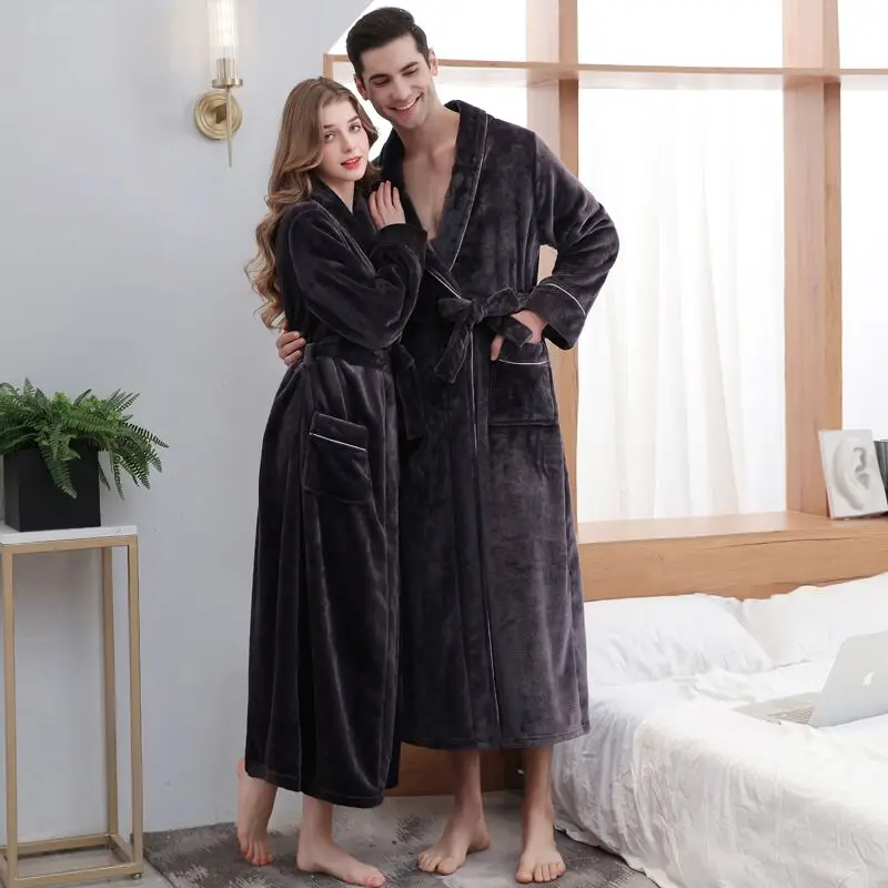 Men Luxury Winter Super Long Thick Warm Pocket Flannel Bathrobe Plus Size Fleece Kimono Bath Robe Couple Night Dressing Gown