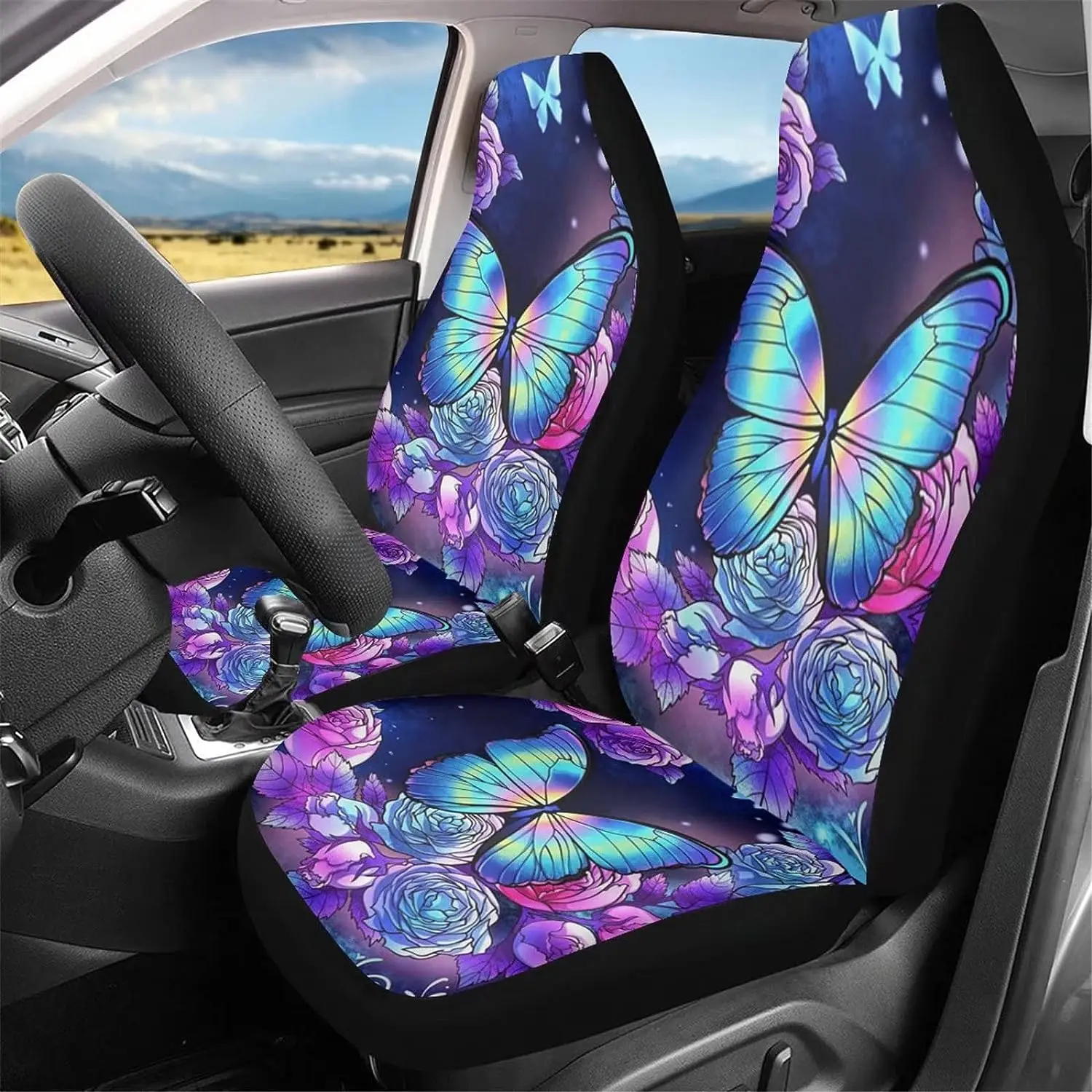

Butterfly Rose Car Seat Covers for Women Purple Girly Car Accessories Front Seat Cover Protectors Universal Fit for Most Car