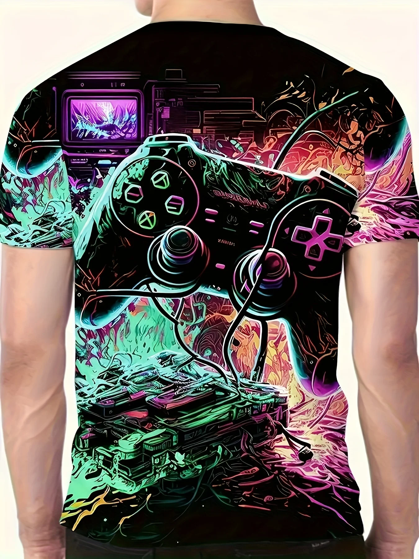 

2024 new plus size men's 3D game controller printed short sleeved T-shirt for men's casual fashion T-shirt