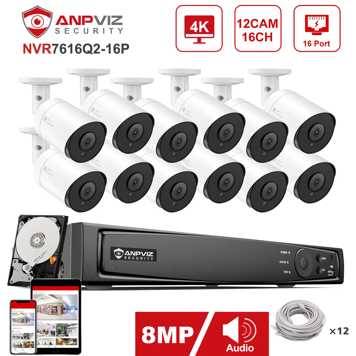 Anpviz 16CH 4K NVR Anpviz 12pcs 8MP POE IP Camera System Indoor/Outdoor IP Camera CCTV Security Surveillance Kit IP66 30m Remote