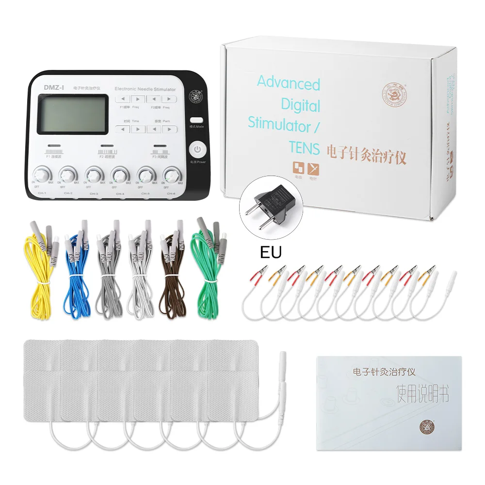 electroacupuncture with the needle connection machine used by the  acupuncturist in men. Electrical stimulation in physiotherapy to the twin  of a young man in the physiotherapy center. Stock Photo