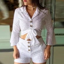 

Womens Two Peice Shorts Sets White Rave Outfit Summer Clubwear Going Out Long Sleeve Top and Pants Lace Button Blouse Casual Set