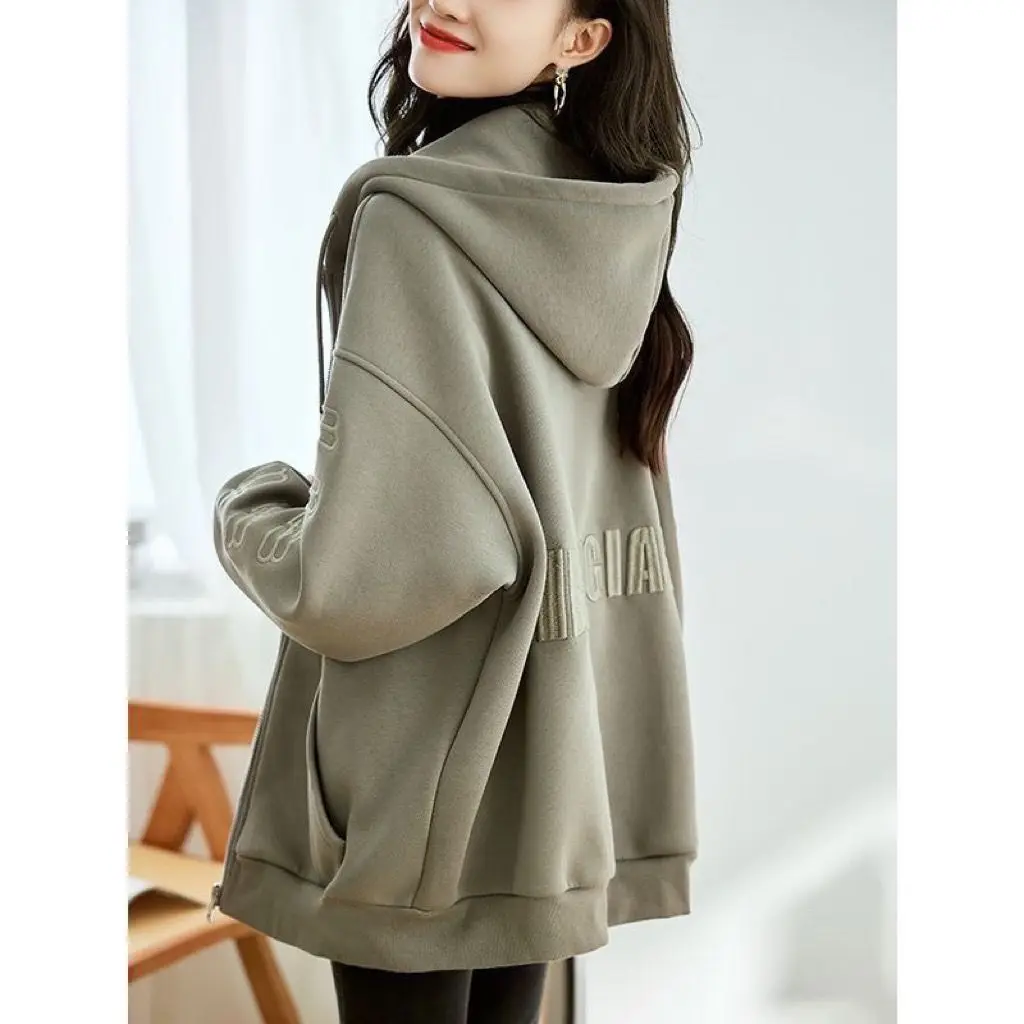 Cardigan Sweatshirt Jacket Women Hooded Jacket Spring Autumn Designer Fashion Casual Loose Embroidery Mid-length Korean Top