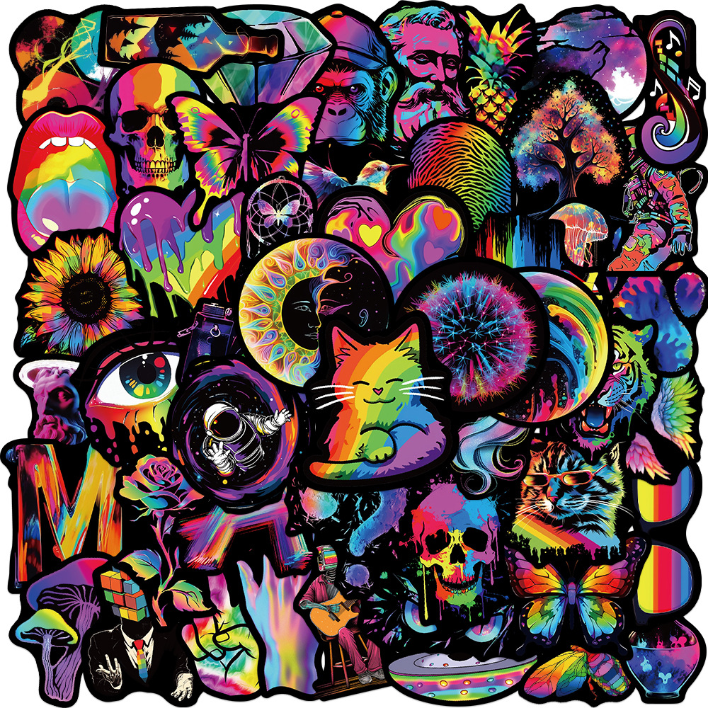 50pcs Cartoon Black Edge Rainbow Series Graffiti Stickers Suitable for Laptop Helmets Desktop Decoration Stickers DIY Toys