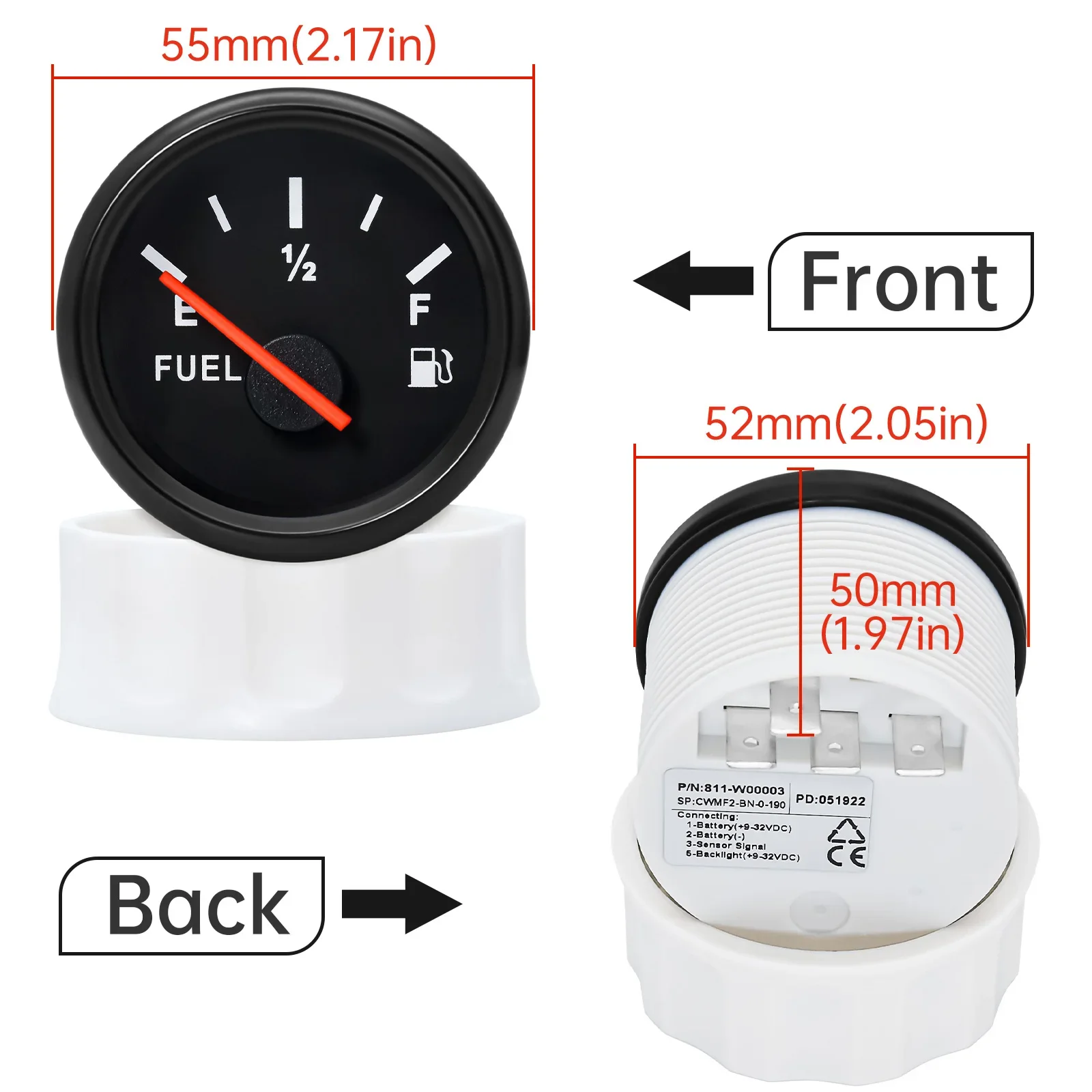 Red Backlight 52MM Fuel Level Gauge Pointer Oil Tank Meter 0-190ohm Fuel Tank F