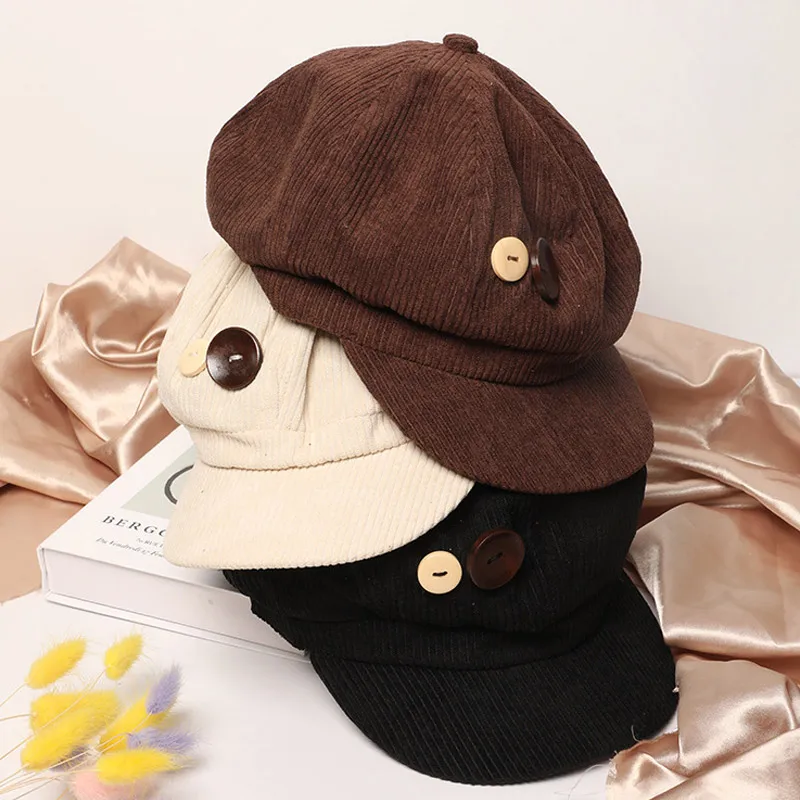 RICYGVM Berretto ottagonale in velluto a coste con bottoni retrò per donne, cappello da pittore, artista, ragazze giapponesi, berretti con visiera marroni, berretti autunnali e invernali_voghion.com