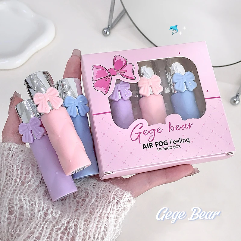 Gege Bear Air Matte Lip Mud Set Matte Color Lip Glaze Mud Three in a Box lip gloss,lip makeup,lip glaze