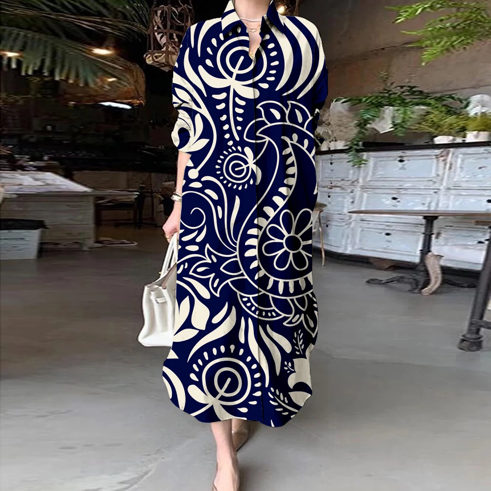 Elegant-Shirt-Dress-Women-Turn-Down-Collar-Long-Sleeve-Floral-Print ...