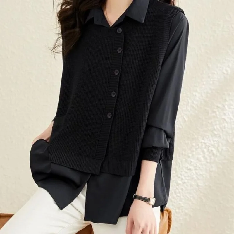 Spring and Autumn Women\'s Polo Neck Solid Button Spliced Sweater Knitted Long Sleeve Shirt Fashion Elegant Casual Commuter Tops