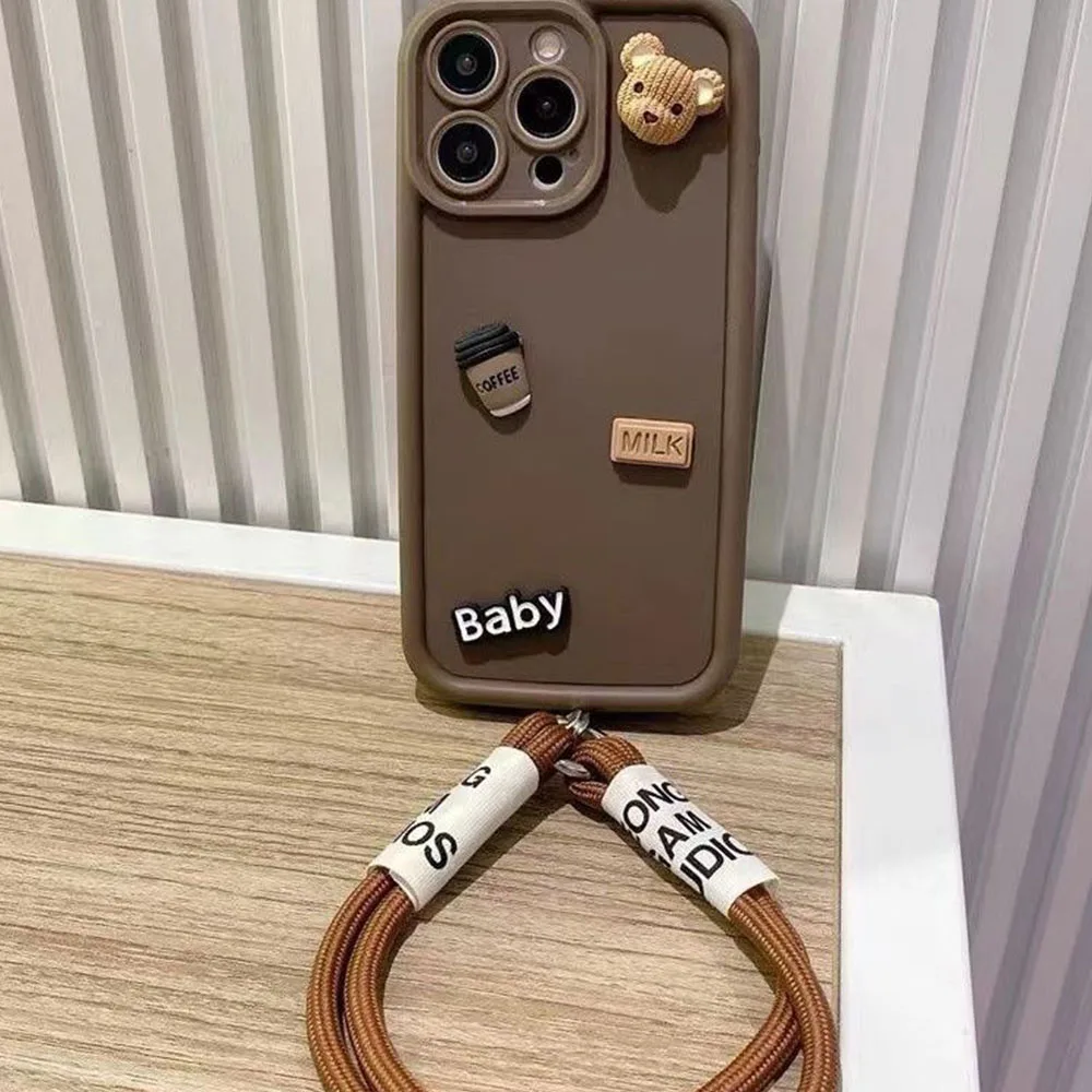 DIY Coffe Bear With Hand Strap Silicone Phone Case For Xiaomi Redmi Note13Pro Note10 Note11 Note9 Note8 Pro Shockproof Cover_voghion.com