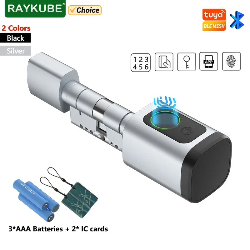 RAYKUBE V1 สมาร์ทล็อคกระบอกด้วย Tuya BLE ลายนิ้วมือ IC Card รหัสผ่านปลดล็อครวม 3 * แบตเตอรี่ AAA ติดตั้งง่าย 1