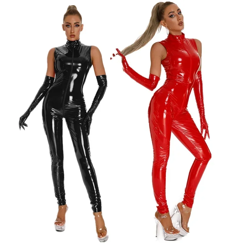 4XL 5XL Plus Size Wetlook Crotchless Latex Jumpsuit Catsuit for Women Shiny PVC PU Leather Leotard Fetish Night Clubwear New