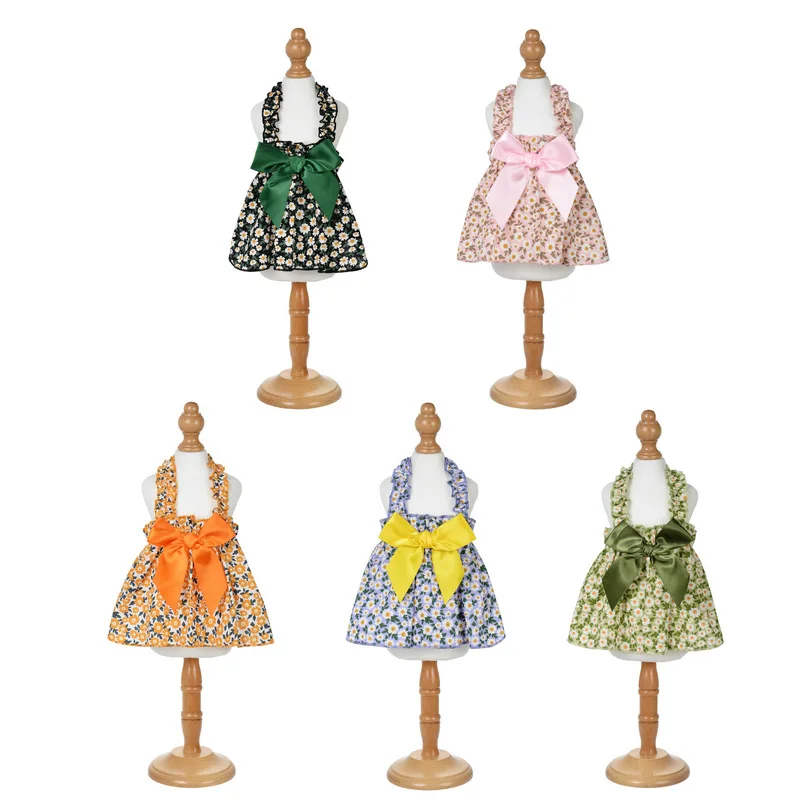 Dog Halter Dress with Bow Spring Summer Small Daisy Shoulder Strap Puppy Dresses Cotton Cat Princess Dress Dog Lady