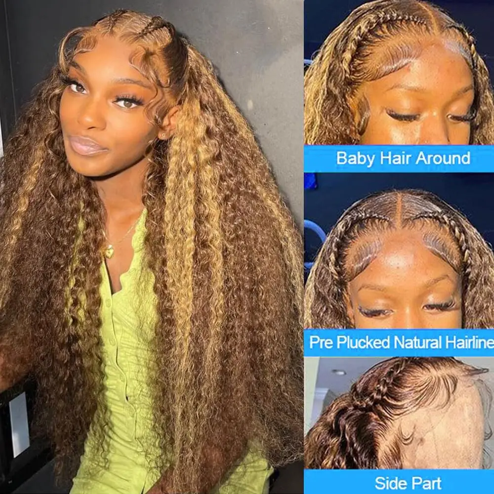 Highlight 13x4 Lace Front Wig Deep Wave 13x4 Lace Frontal Wig Remy Human Hair P4/27 Honey Blonde Pre Plucked For Women