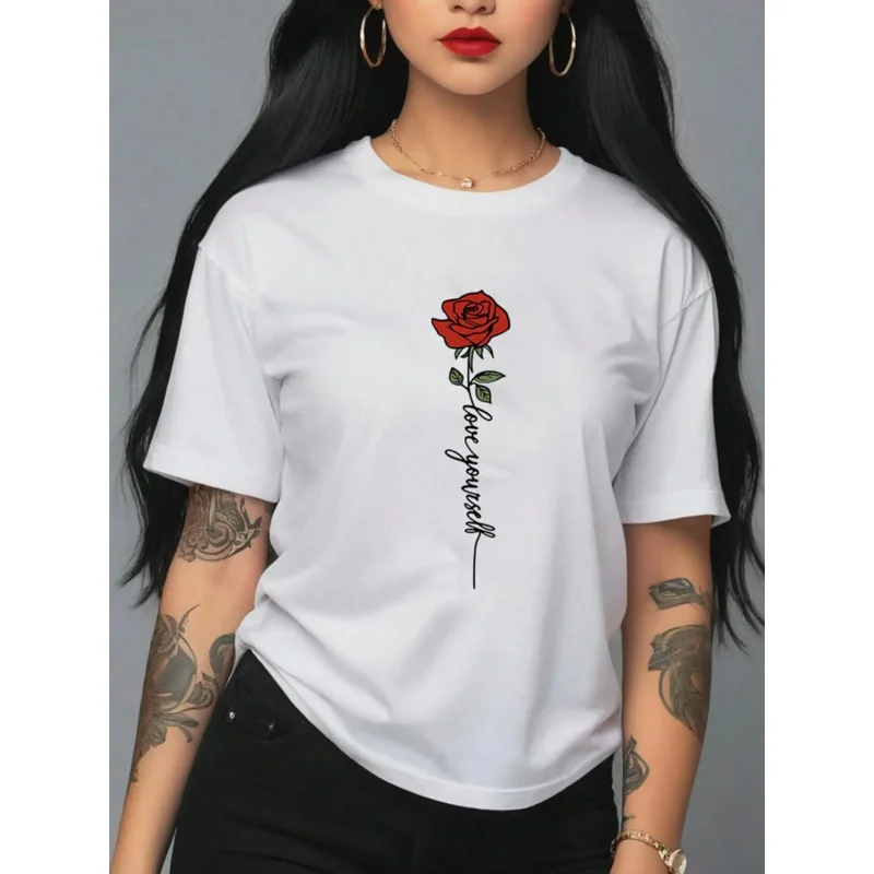 

LoveYoursolfRedRosesLetterGraphicPrintingWomenTShirtFashionSportTshirtStreetCottonShortSleeveOversizedTshirt