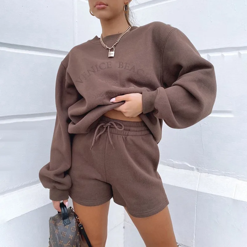 

Fall Winter Two Piece Set Long Sleeve Jumpsuit Brown Women Casual Pullover and High Waist Shorts Suit 2 Pieces Warm Set