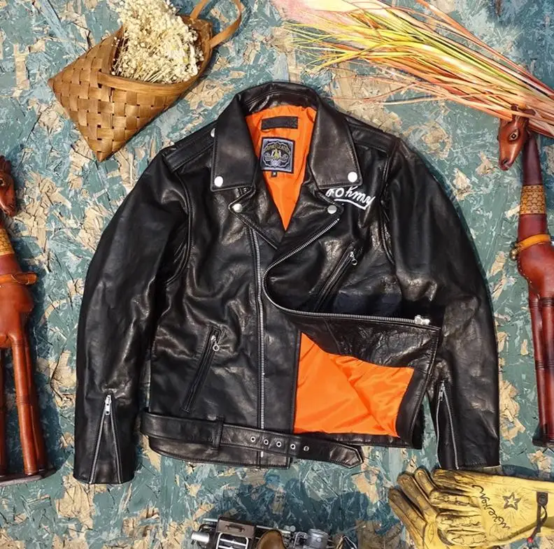 Men Leather Jacket YR!.Classic 613 Motor Rider Style Genuine Leather Jacket Men Tanned Goatskin Coat