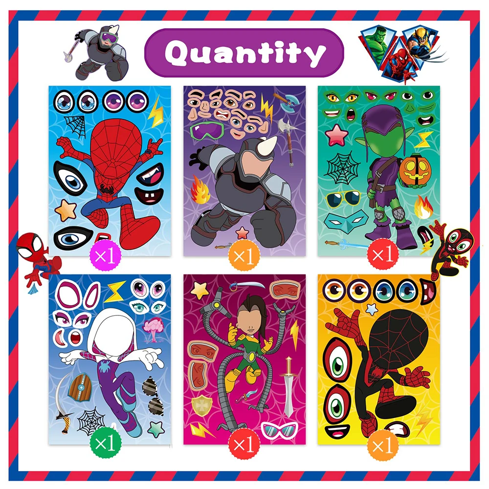 6/12Sheets Disney Spiderman and His Amazing Friends Puzzle Make-a-Face Stickers for Kids Toys Waterproof Assemble Jigsaw Sticker