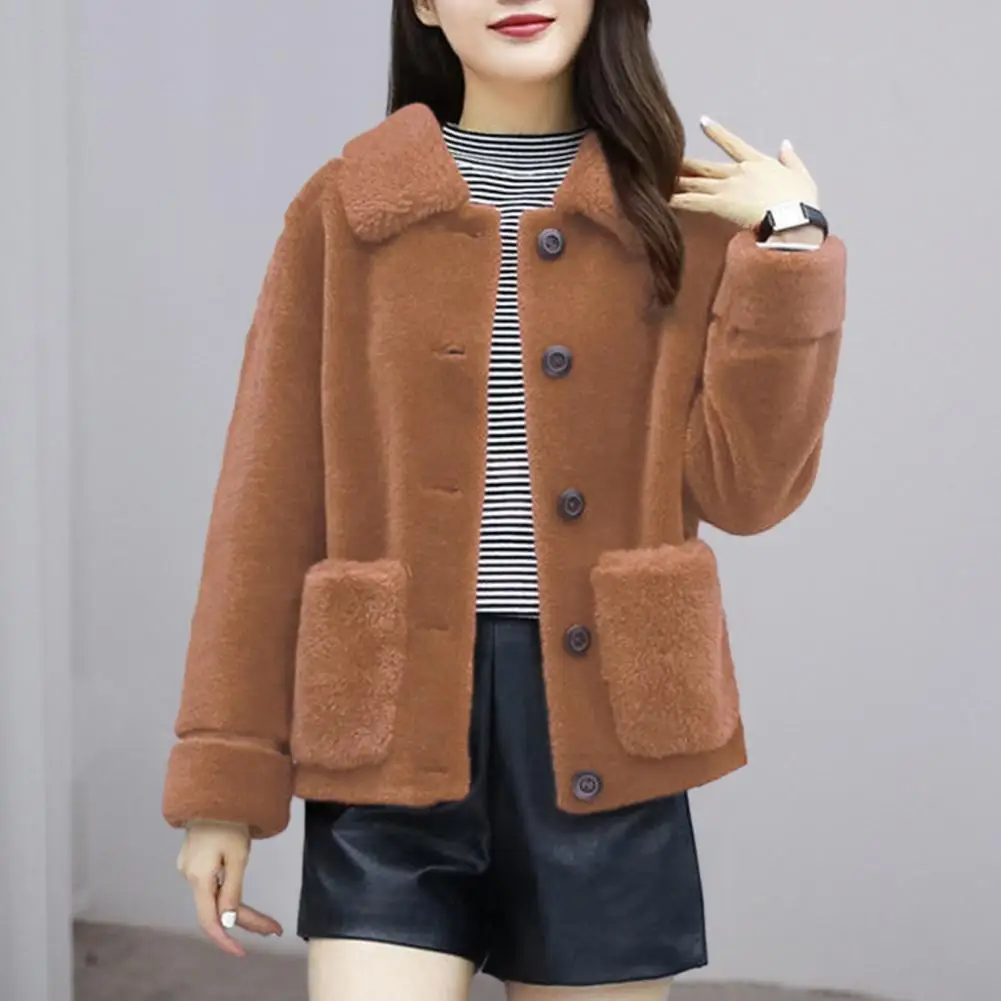 

Women Loose-fitting Jacket Plush Solid Color Women's Coat with Turn-down Collar Pockets Soft Cozy Cardigan for Fall Winter Cold