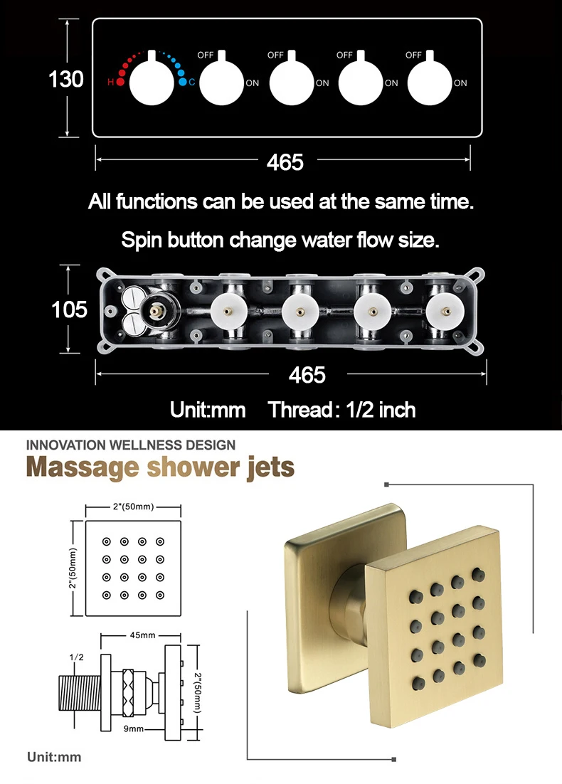 Description Picture 5 of itemM Boenn Brushed Gold Modern Music Shower System Rainfall LED Shower Head Concealed Thermostatic Mixer Smart Bathroom Faucet Set