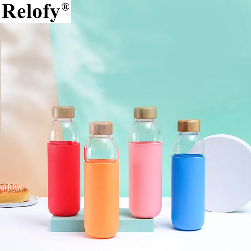 550ml Glass Water Bottle With Bamboo Cap, Anti-scalding Silicone