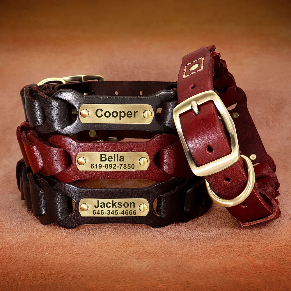 GenuineLeatherDogCollarPersonalizedBigDogsCollarsFreeCustom