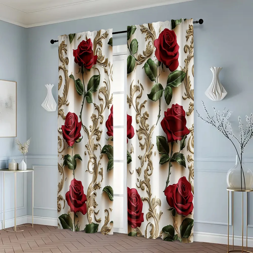 2pcs, Upscale Curtains 2D print Red Roses & Golden Floral Pattern Polyester Woven (without rod) All Seasons for Bedroom and 6