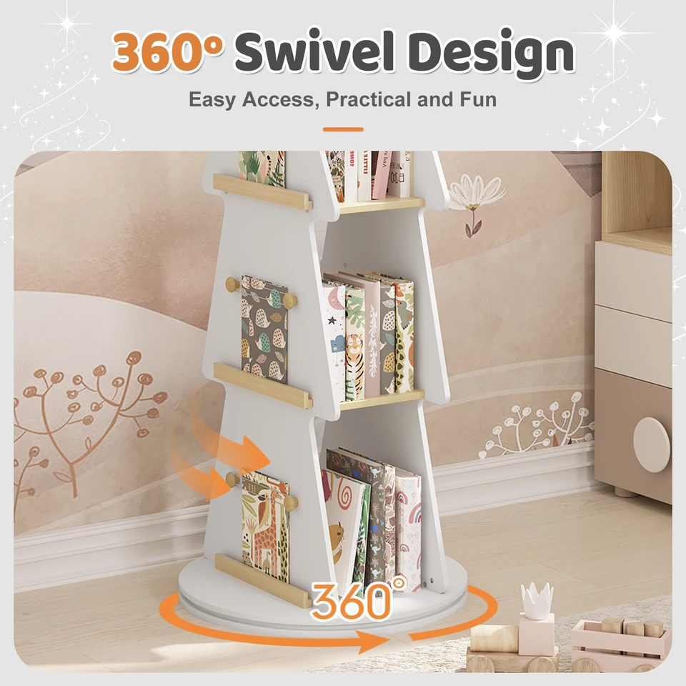 Libreria girevole a 360°, in legno per bambini e adulti, spazio per libri in formato A4, 30 libri per livello, 40 x 129 cm