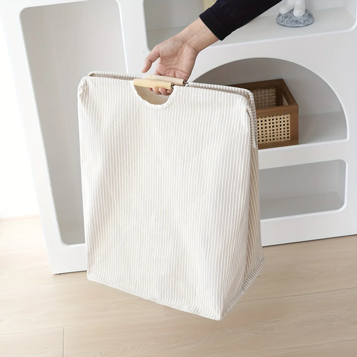 Large Foldable Cotton Linen Laundry Basket with Handles, Portable Fabric Clothes Hamper for Home Bathroom Storage Organizer