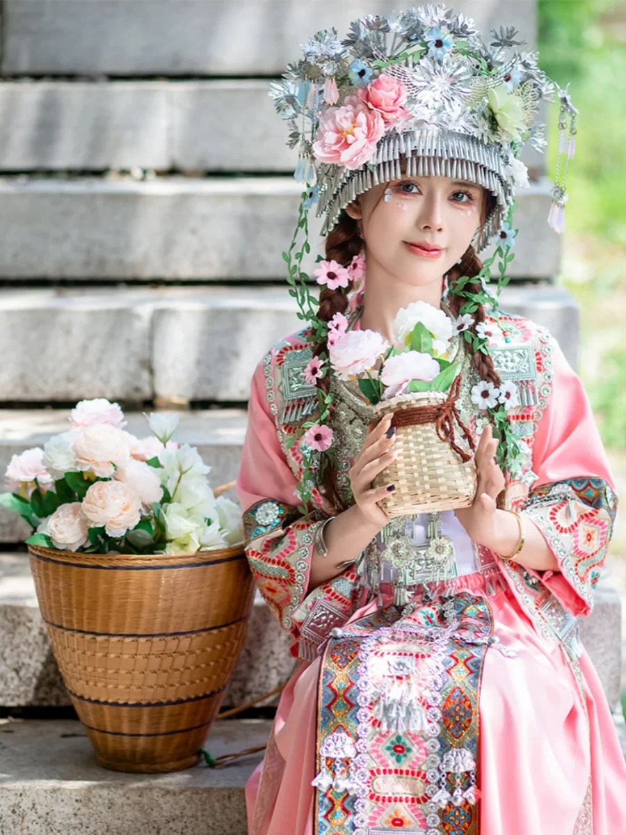 Chinese Traditional Pink Girl Miao Minority Costume Dance Yunnan Guizhou Hmong Village Travel Photography