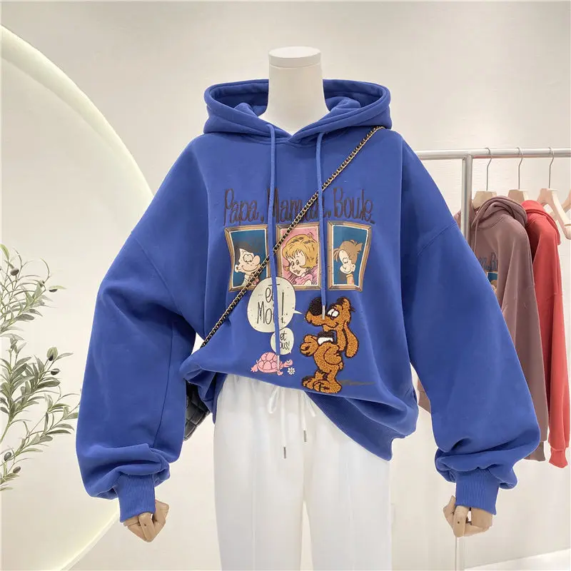 

Women's Cartoon Pattern Sweater Thickened Autumn and Winter 2021 New Top Plus Velvet Loose Large Size Hooded Jacket Hoodie