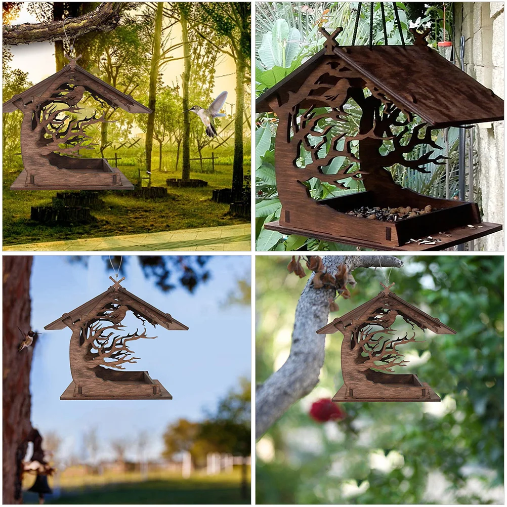 Bird Feeding House Food Container Hanging Feeder Bird's Nest Wood Garden Home