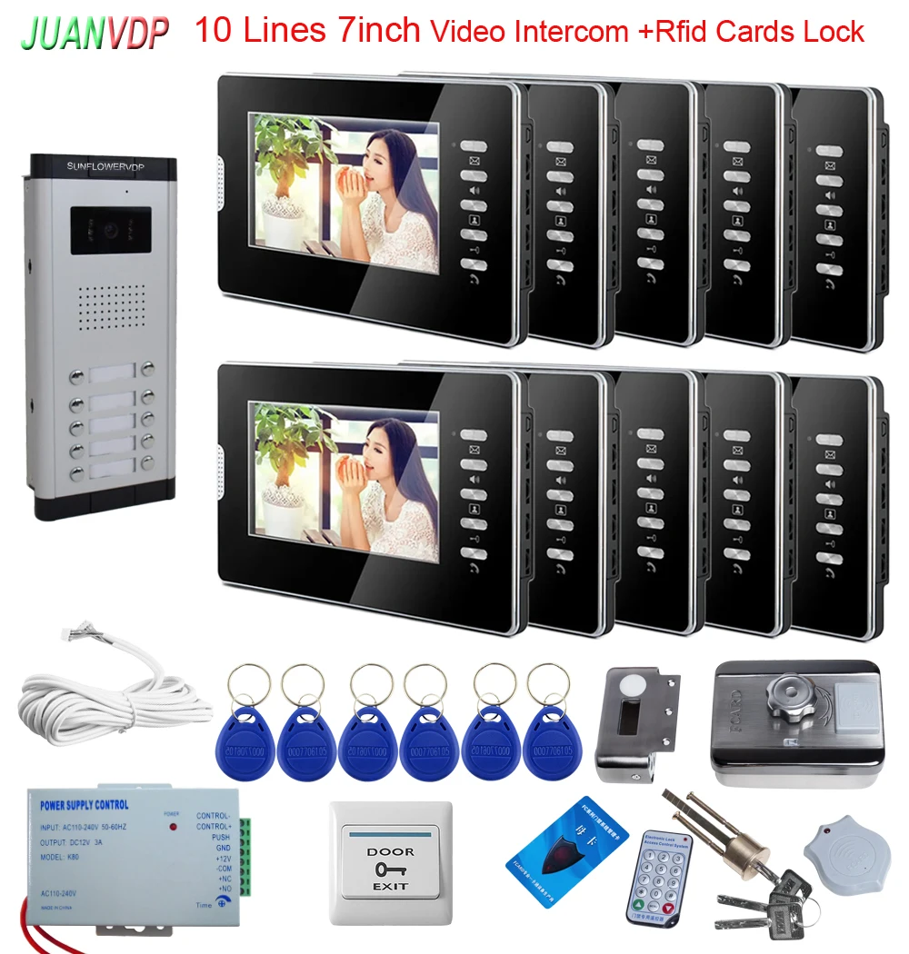 

7 Inch Video Intercom Home Video Door Phone RFID Access Control Rfid Door Lock for Villa Apartment 8/10/12 Lines