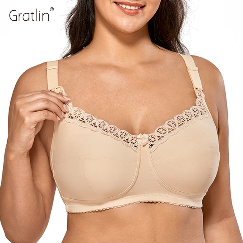 Gratlin Women's Nursing Bra Ladies Bra Women Bra Breastfeeding Nursing Bra Plus Size Cotton Wirefree Soft Maternity Bra With Lace DD E F G Cup 34-42 44 46 48