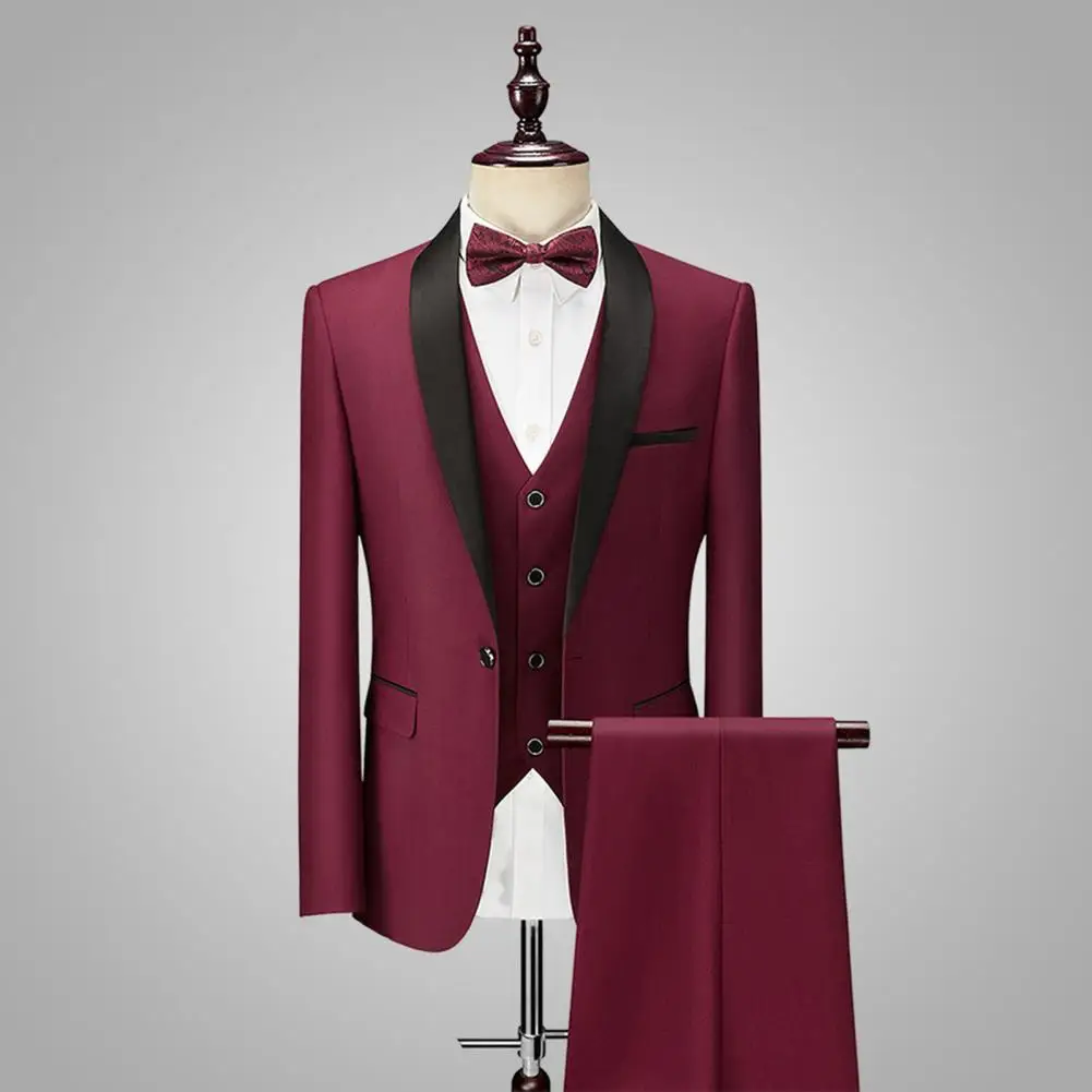 

British Style Men Blazer Vest Pants Set Groom Suit Shoulder Pad Single-breasted Wedding Slim Fit Business Men Suit Vest Pants
